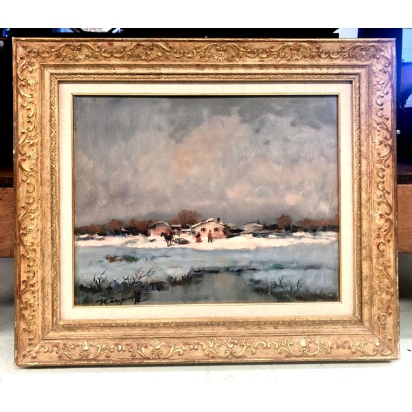 DIPINTO OLIO TELA Ivan Karpoff PAESAGGIO INVERNALE CASOLARE NEVE FIGURE