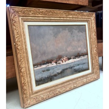 DIPINTO OLIO TELA Ivan Karpoff PAESAGGIO INVERNALE CASOLARE NEVE FIGURE