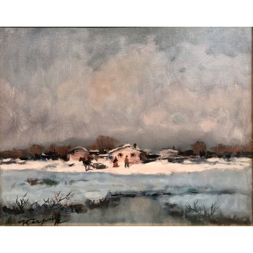 DIPINTO OLIO TELA Ivan Karpoff PAESAGGIO INVERNALE CASOLARE NEVE FIGURE