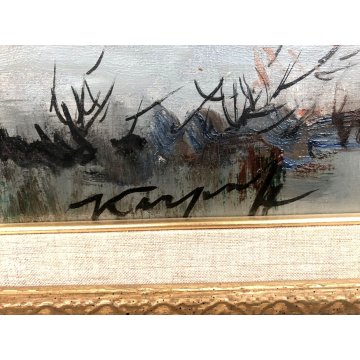 DIPINTO OLIO TELA Ivan Karpoff PAESAGGIO INVERNALE CASOLARE NEVE FIGURE