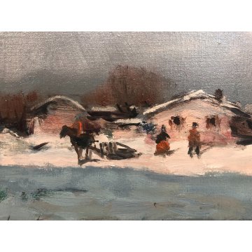 DIPINTO OLIO TELA Ivan Karpoff PAESAGGIO INVERNALE CASOLARE NEVE FIGURE