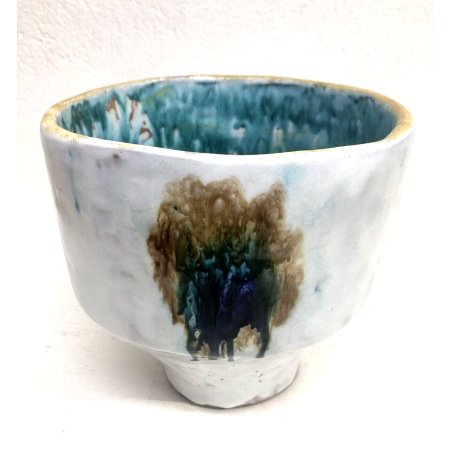 VASO CACHEPOT CERAMICA AMCDL '81 MAIOLICA BIANCA SMALTO POLICROMO ASTRATTO ø19,5