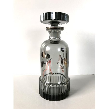 ANTICA BOTTIGLIA LIQUORE con TAPPO CRISTALLO FUME' SCANALATO Art Decò FUTURISTA