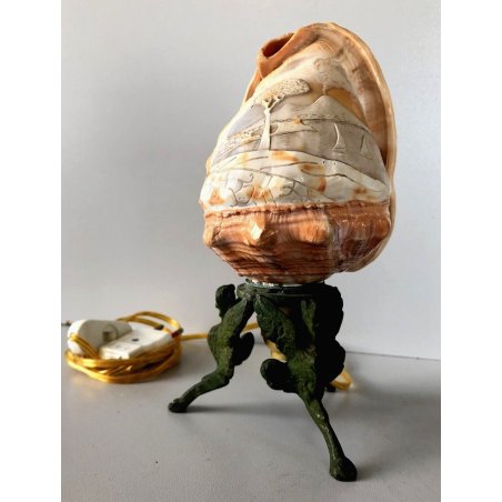 ANTICA ABATJOUR BASE BRONZO CONCHIGLIA CAMEO PAESAGGIO GOLFO NAPOLI Belle Epoque