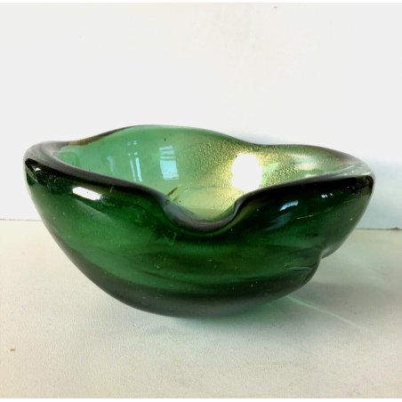 SVUOTATASCHE PORTACENERE VETRO MURANO TRASPARENTE VERDE FOGLIA ORO '40/'50
