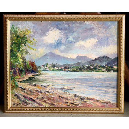 ANTICO DIPINTO OLIO CARTONE MATERICO R. Beretta PAESAGGIO LACUSTRE MONTAGNE '900