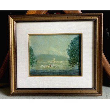 ANTICO QUADRO DIPINTO OLIO TAVOLA PAESAGGIO PAESE PASTORE GREGGE '900