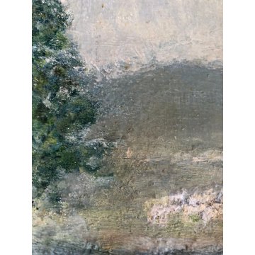 ANTICO QUADRO DIPINTO OLIO TAVOLA PAESAGGIO PAESE PASTORE GREGGE '900