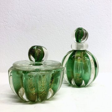 COPPIA Vanity Bottle VETRO MURANO Barovier&Toso TRASPARENTE VERDE FOGLIA ORO '40