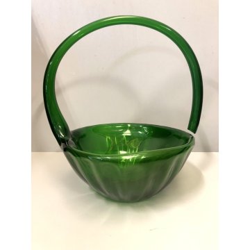 ANTICO VASO VETRO VERDE di Empoli LIBERTY CESTINO in FORMA FOGLIA NINFEA '900