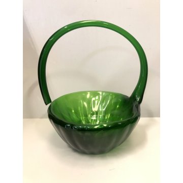 ANTICO VASO VETRO VERDE di Empoli LIBERTY CESTINO in FORMA FOGLIA NINFEA '900