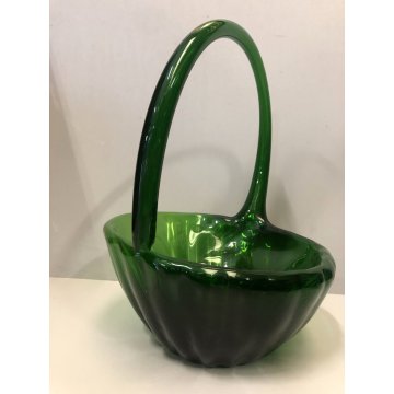 ANTICO VASO VETRO VERDE di Empoli LIBERTY CESTINO in FORMA FOGLIA NINFEA '900