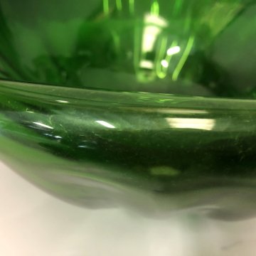 ANTICO VASO VETRO VERDE di Empoli LIBERTY CESTINO in FORMA FOGLIA NINFEA '900