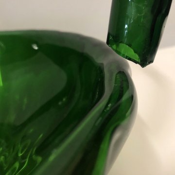 ANTICO VASO VETRO VERDE di Empoli LIBERTY CESTINO in FORMA FOGLIA NINFEA '900