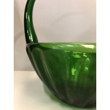 ANTICO VASO VETRO VERDE di Empoli LIBERTY CESTINO in FORMA FOGLIA NINFEA '900