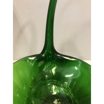 ANTICO VASO VETRO VERDE di Empoli LIBERTY CESTINO in FORMA FOGLIA NINFEA '900