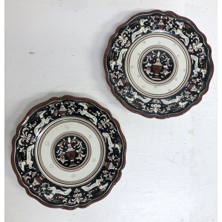 COPPIA PIATTO PARATA CERAMICA Ars Deruta DECORO CERVO BIANCO NERO SIENA VINTAGE