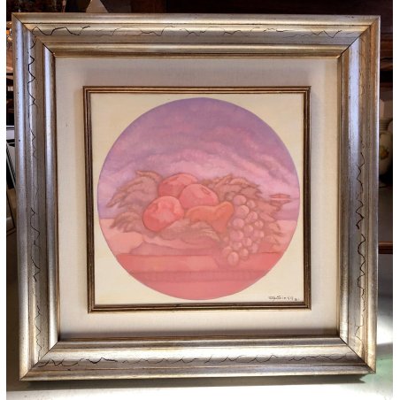 GRANDE QUADRO OLIO TELA G. Siega NATURA MORTA FRUTTA TONI ROSA BARCA SENZA VELA