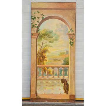GRANDE Trompe d'oeil 274x124 cm DIPINTO PAESAGGIO CAVALLI colonne ARCO cane 1993