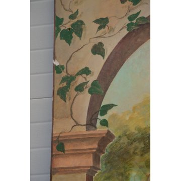 GRANDE Trompe d'oeil 274x124 cm DIPINTO PAESAGGIO CAVALLI colonne ARCO cane 1993