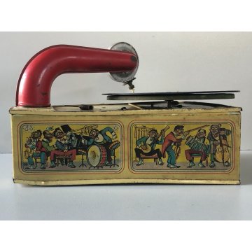 ANTICO RARO GIOCATTOLO LATTA GRAMMOFONO LITOGRAFATO 2 DISCHI CHIAVE GERMANY '900