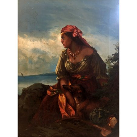 ANTICO QUADRO DIPINTO OLIO RITRATTO DONNA GITANA Gypsy Woman PAESAGGIO MARINO