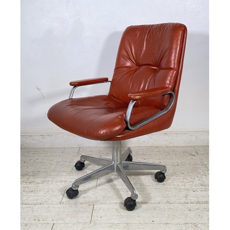 POLTRONA UFFICIO GIREVOLE ROTELLE DESIGN ANNI 60 PELLE ARANCIONE METALLO VINTAGE