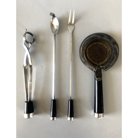 ANTICO COCKTAIL SET 4pz Art Decò METALLO ARGENTATO BACHELITE POSATE COLINO PINZA