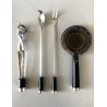 ANTICO COCKTAIL SET 4pz Art Decò METALLO ARGENTATO BACHELITE POSATE COLINO PINZA