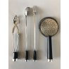 ANTICO COCKTAIL SET 4pz Art Decò METALLO ARGENTATO BACHELITE POSATE COLINO PINZA