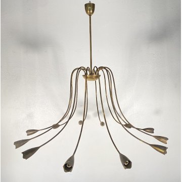 LAMPADARIO DESIGN ANNI 50 OTTONE 12 BRACCI CASCATA BRASS CHANDELIER VINTAGE OLD