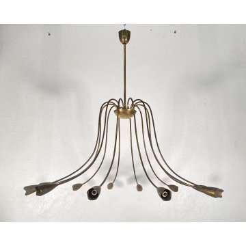 LAMPADARIO DESIGN ANNI 50 OTTONE 12 BRACCI CASCATA BRASS CHANDELIER VINTAGE OLD