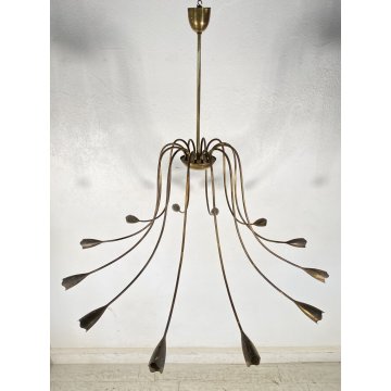 LAMPADARIO DESIGN ANNI 50 OTTONE 12 BRACCI CASCATA BRASS CHANDELIER VINTAGE OLD