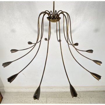 LAMPADARIO DESIGN ANNI 50 OTTONE 12 BRACCI CASCATA BRASS CHANDELIER VINTAGE OLD