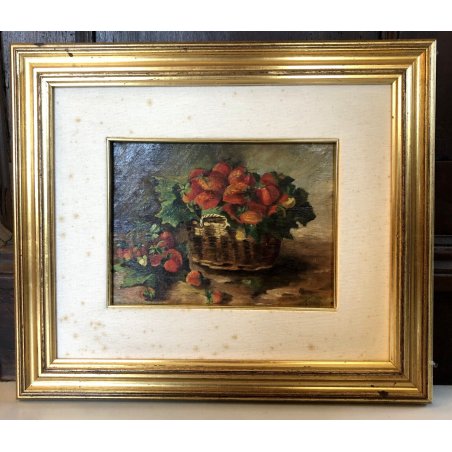 QUADRO DOPPIO DIPINTO OLIO NATURA MORTA CESTO FRAGOLE RITRATTO CANI LEVRIERI 900