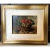 QUADRO DOPPIO DIPINTO OLIO NATURA MORTA CESTO FRAGOLE RITRATTO CANI LEVRIERI 900