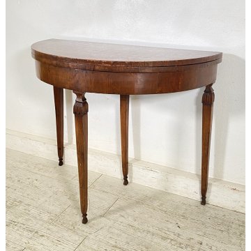 ANTICA CONSOLE INTARSIATA MEZZALUNA LIBRO 1800 LEGNO NOCE CONSOLE ROTONDA EPOCA