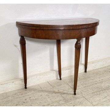 ANTICA CONSOLE INTARSIATA MEZZALUNA LIBRO 1800 LEGNO NOCE CONSOLE ROTONDA EPOCA