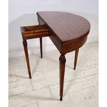 ANTICA CONSOLE INTARSIATA MEZZALUNA LIBRO 1800 LEGNO NOCE CONSOLE ROTONDA EPOCA