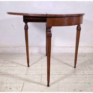 ANTICA CONSOLE INTARSIATA MEZZALUNA LIBRO 1800 LEGNO NOCE CONSOLE ROTONDA EPOCA