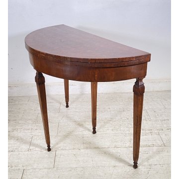 ANTICA CONSOLE INTARSIATA MEZZALUNA LIBRO 1800 LEGNO NOCE CONSOLE ROTONDA EPOCA