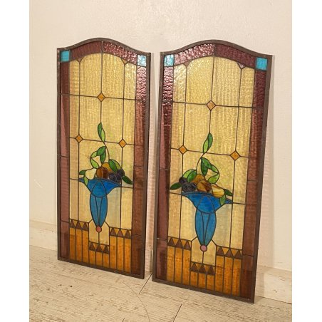 COPPIA DI VETRATE COLORATE LIBERTY ANNI 20 VASO FIORI FRUTTA PRIMI 1900 EPOCA