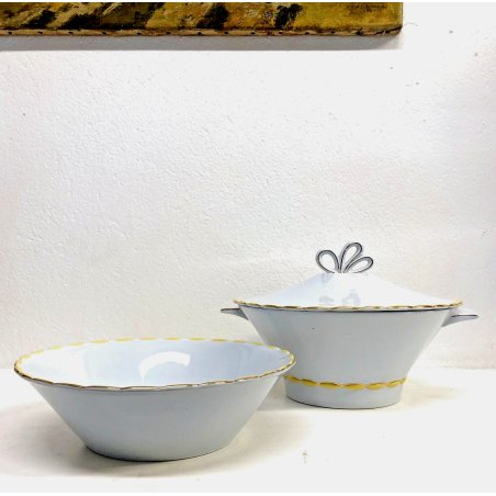 ZUPPIERA COPERCHIO + INSALATIERA Galvani CERAMICA BIANCA DECORO GIALLO ORO 50's