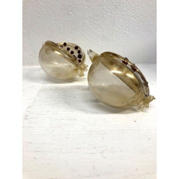 ANTICA COPPIA FRUTTO MELOGRANO VETRO SOFFIATO MURANO TRASPARENTE FOGLIA ORO '50s