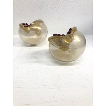 ANTICA COPPIA FRUTTO MELOGRANO VETRO SOFFIATO MURANO TRASPARENTE FOGLIA ORO '50s