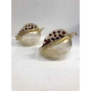 ANTICA COPPIA FRUTTO MELOGRANO VETRO SOFFIATO MURANO TRASPARENTE FOGLIA ORO '50s