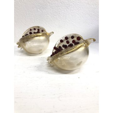 ANTICA COPPIA FRUTTO MELOGRANO VETRO SOFFIATO MURANO TRASPARENTE FOGLIA ORO '50s