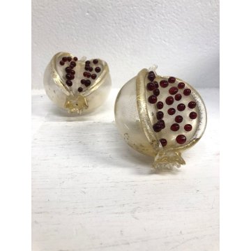 ANTICA COPPIA FRUTTO MELOGRANO VETRO SOFFIATO MURANO TRASPARENTE FOGLIA ORO '50s