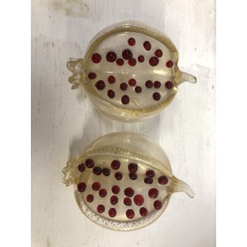 ANTICA COPPIA FRUTTO MELOGRANO VETRO SOFFIATO MURANO TRASPARENTE FOGLIA ORO '50s
