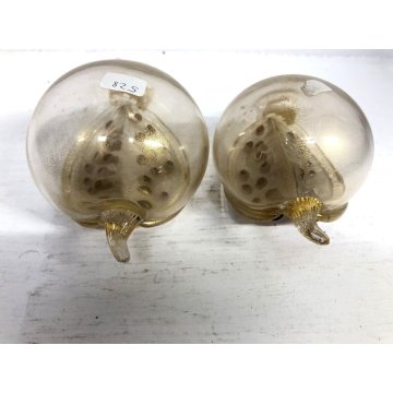 ANTICA COPPIA FRUTTO MELOGRANO VETRO SOFFIATO MURANO TRASPARENTE FOGLIA ORO '50s